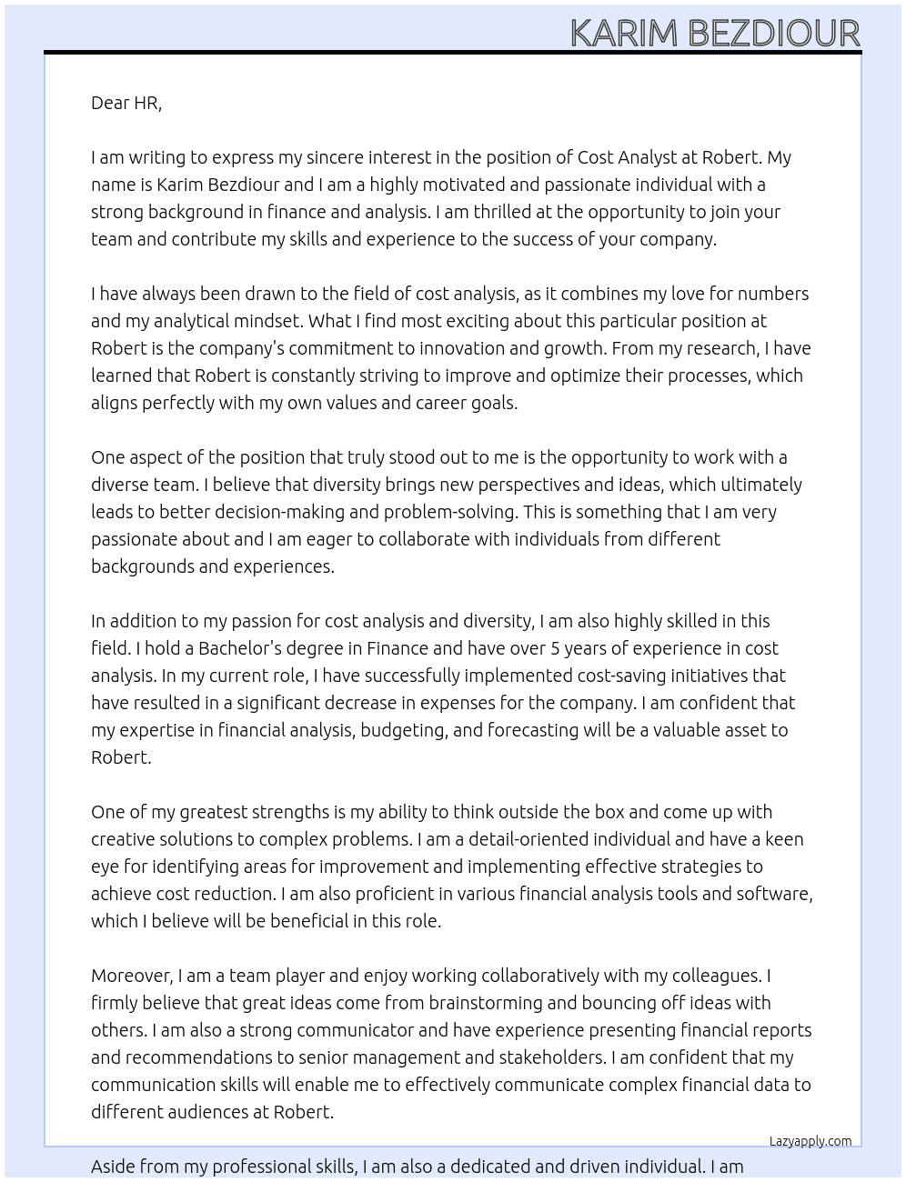 cost analyst At Robert  Cover Letter