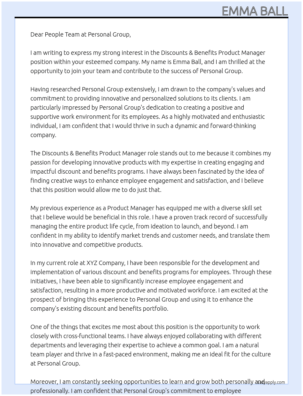 Discounts & Benefits Product Manager At Personal Group Cover Letter
