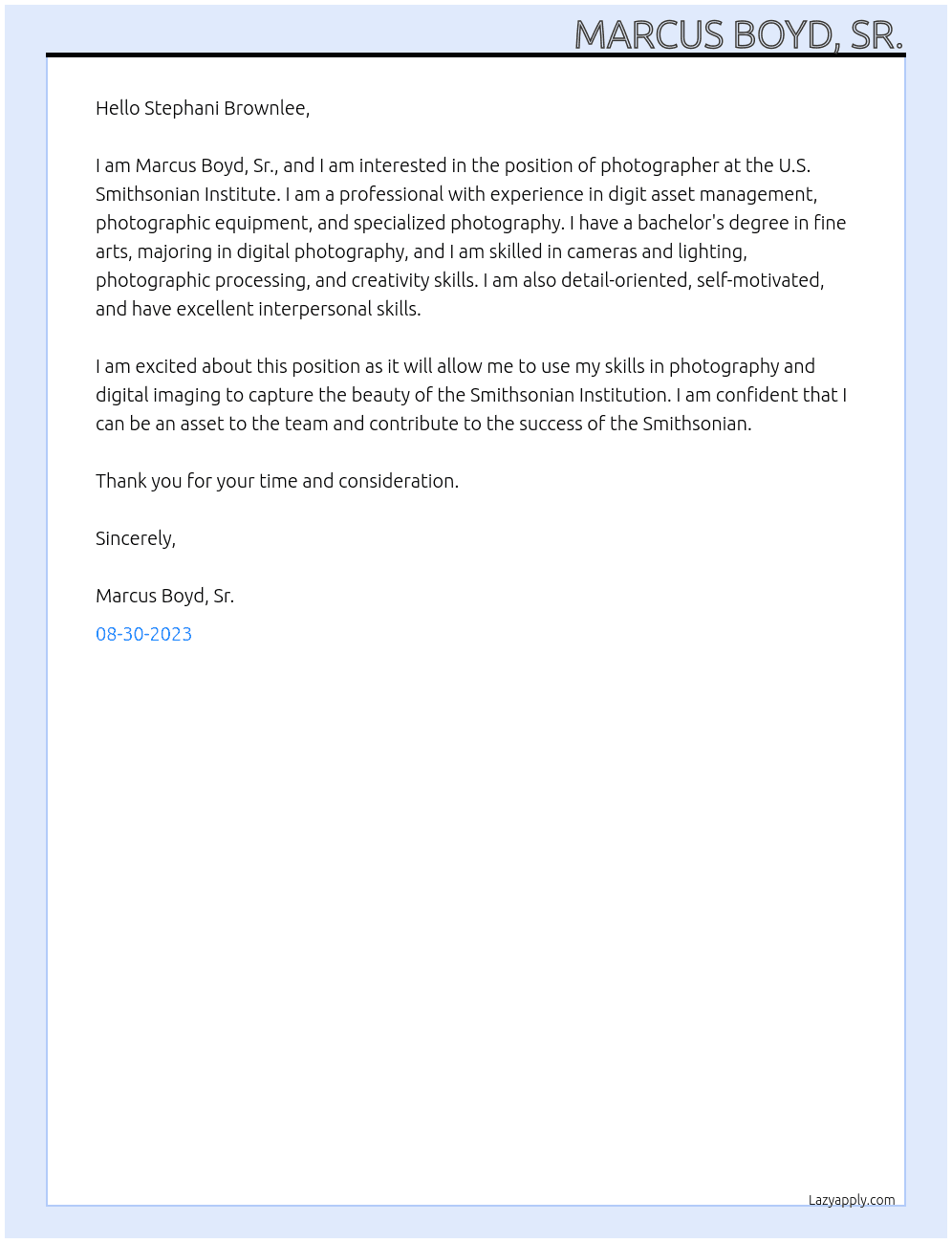 Photographer At U.S. Smithsonian Institute Cover Letter