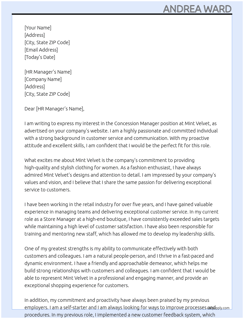 Concession Manager At Mint Velvet Cover Letter