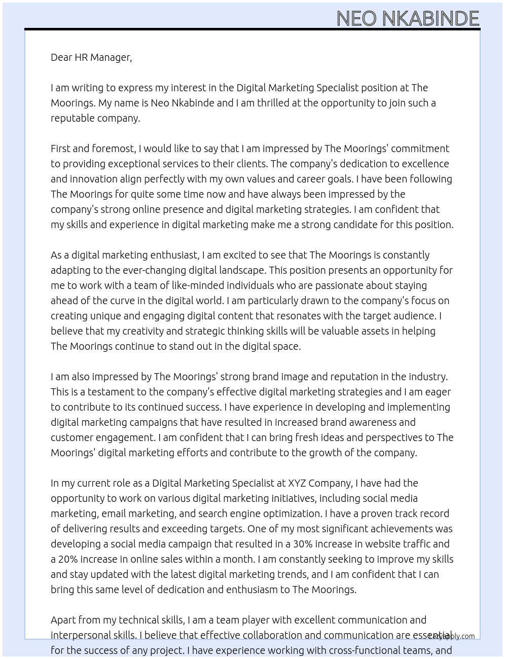 Digital marketing Specialist At The Moorings  Cover Letter