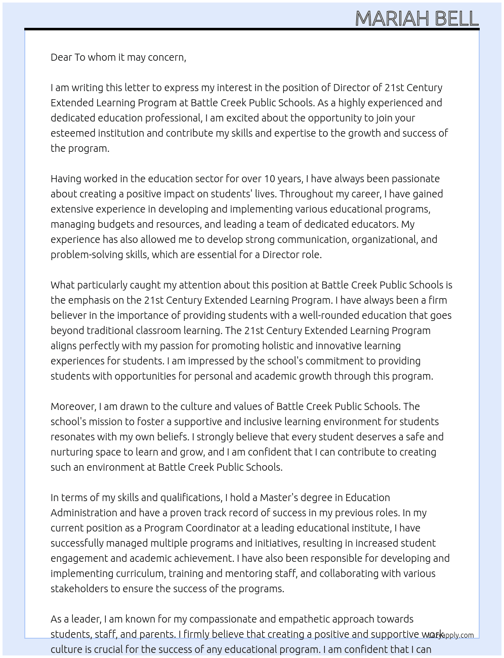 Director of 21st Century Extended Learning Program	 At Battle Creek Public Schools Cover Letter