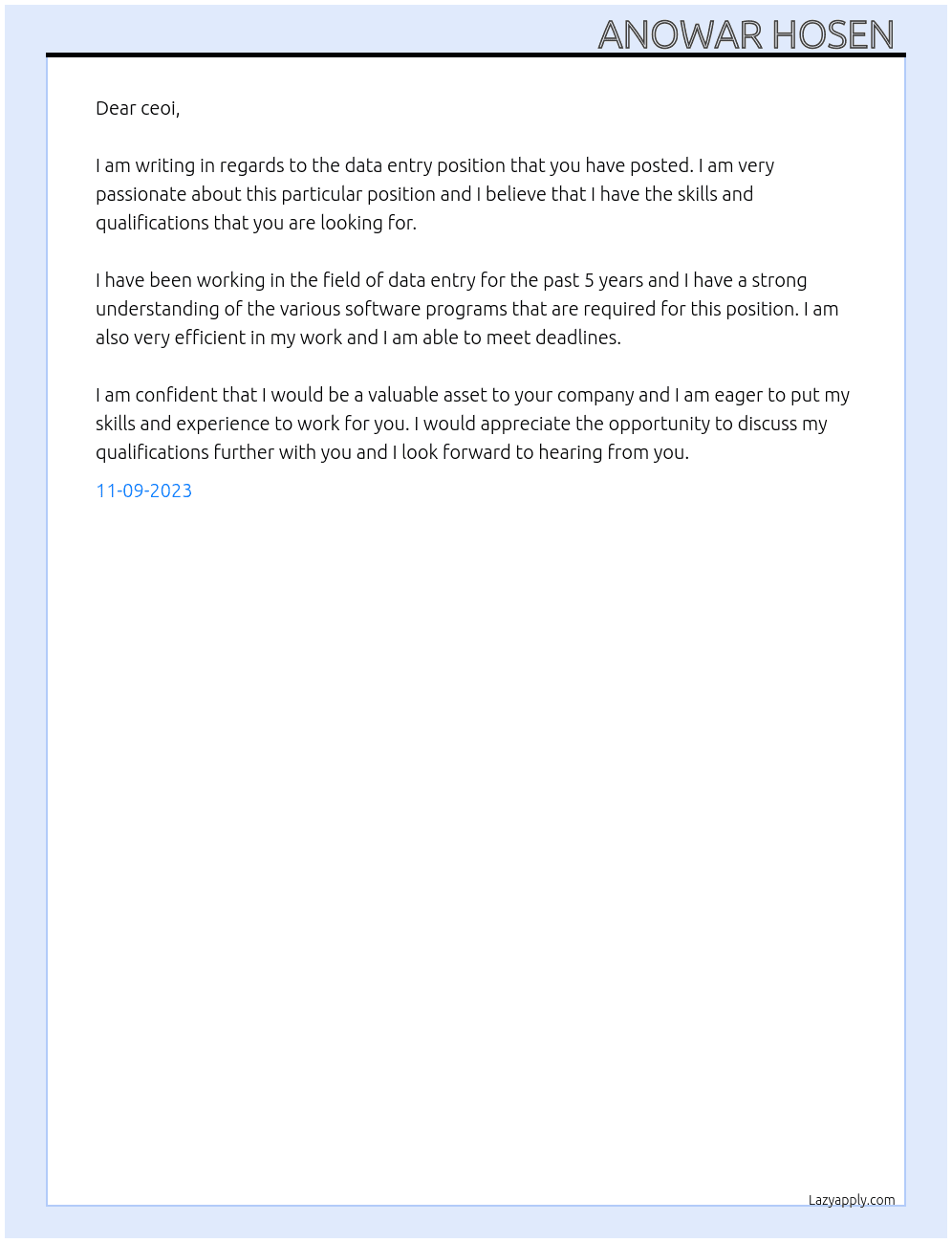 data entry  At digital marketing Cover Letter