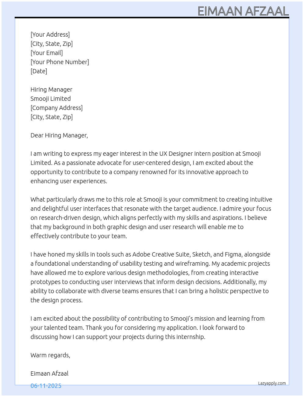Cover letter for ux designer intern - LazyApply