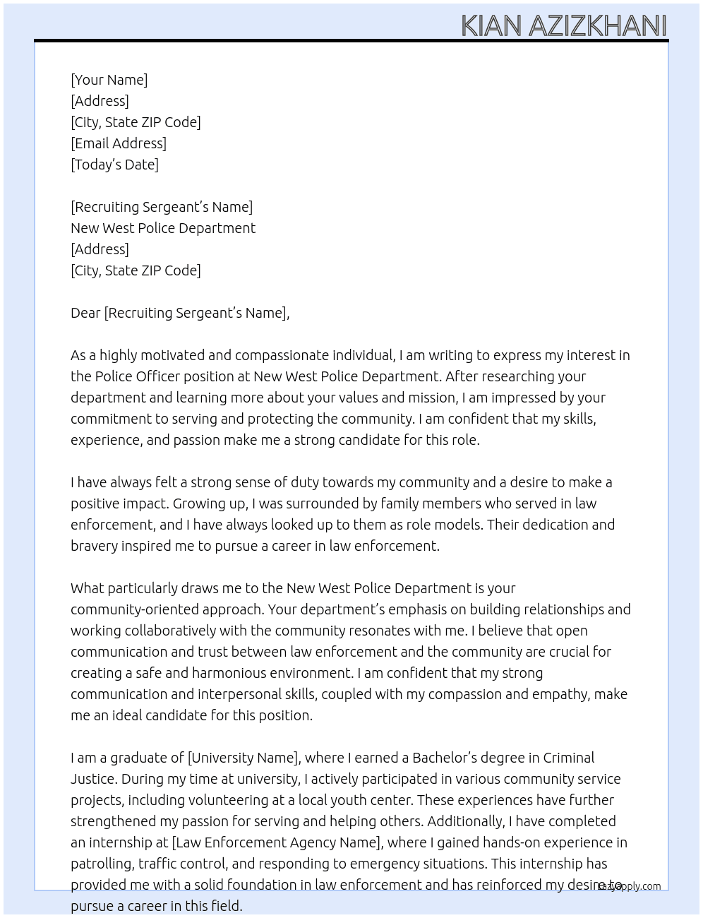 Police Officer At New West Police Department Cover Letter