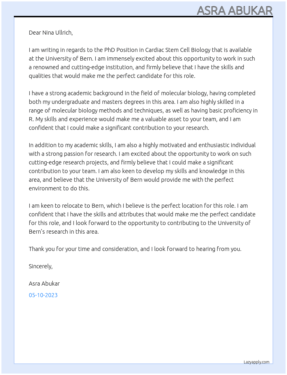 PhD Position in Cardiac Stem Cell Biology At University of Bern Cover Letter