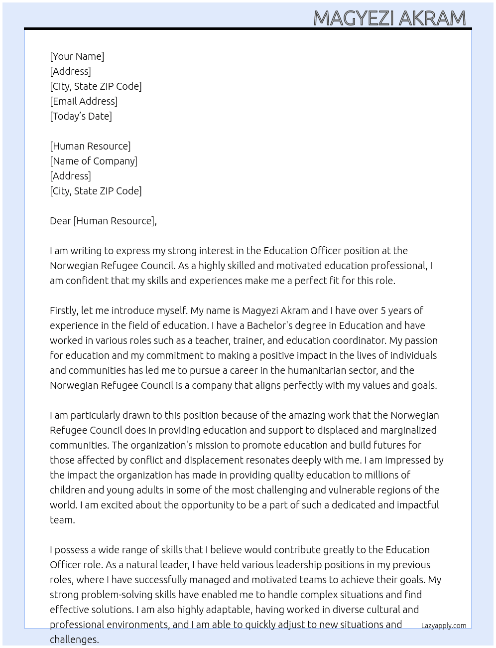 Education Officer At Norwegian Refugee Council  Cover Letter