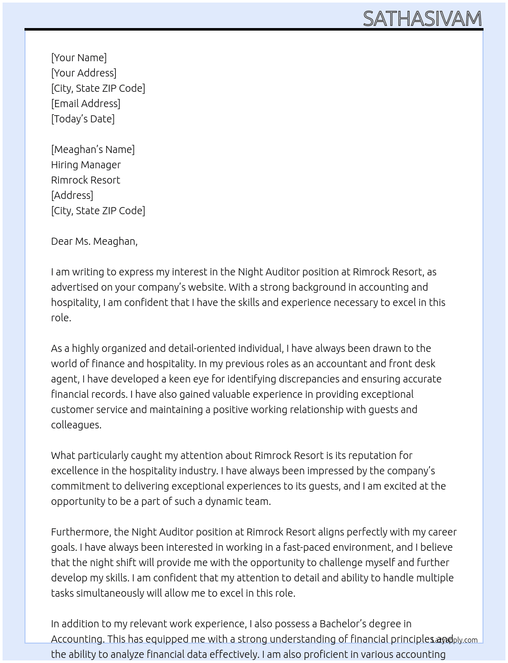 Night auditor At Rimrock resort Cover Letter