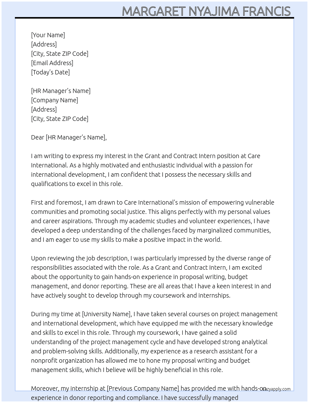 grant and contract intern  At care international  Cover Letter
