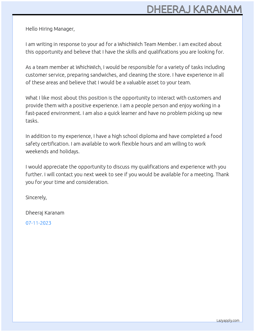 WhichWich Team Member At WhichWich Cover Letter