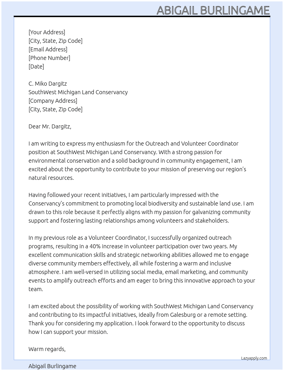 Outreach and Volunteer Coordinator At SouthWest Michigan Land Conservancy Cover Letter