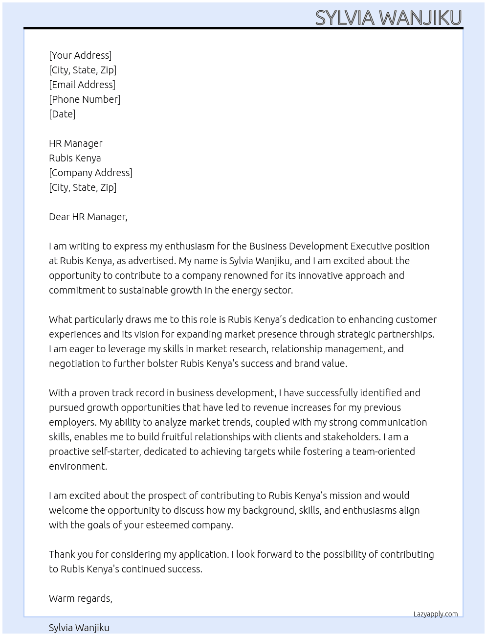 Business Development Executive At Rubis Kenya Cover Letter