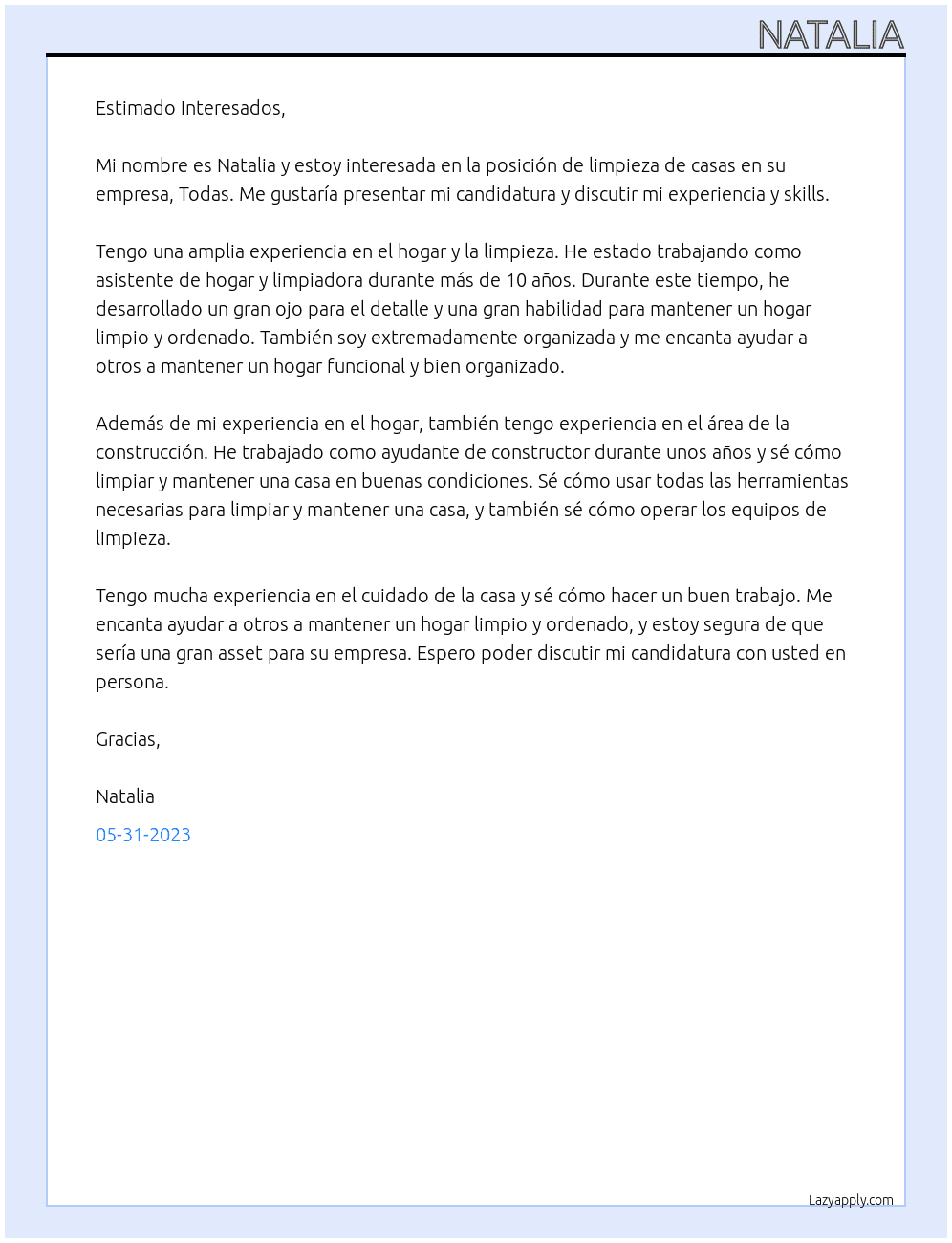 Limpieza de casas At Todas Cover Letter