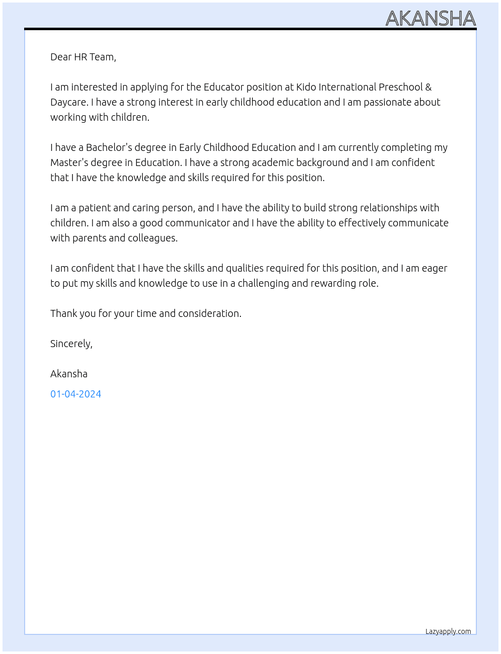 Educator At  Kido International Preschool & Daycare Cover Letter