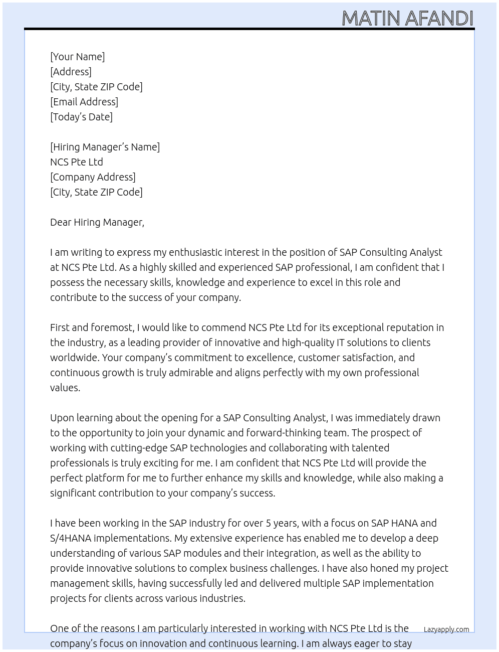 SAP Consulting Analyst At NCS Pte Ltd Cover Letter