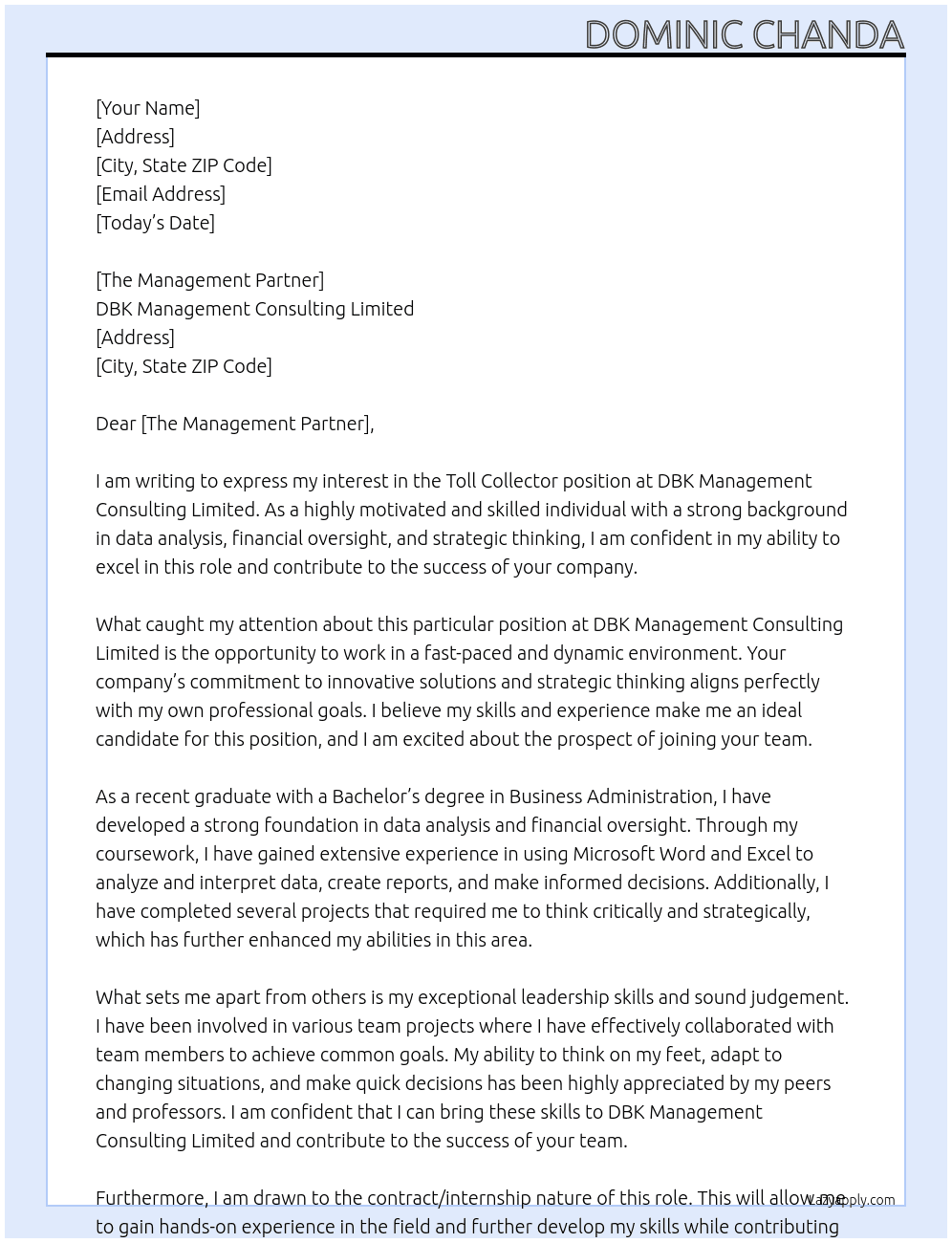 Toll Collector At DBK Management Consulting Limited Cover Letter