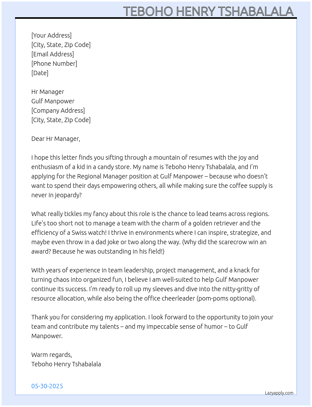 Regional Manager  At Gulf Manpower  Cover Letter