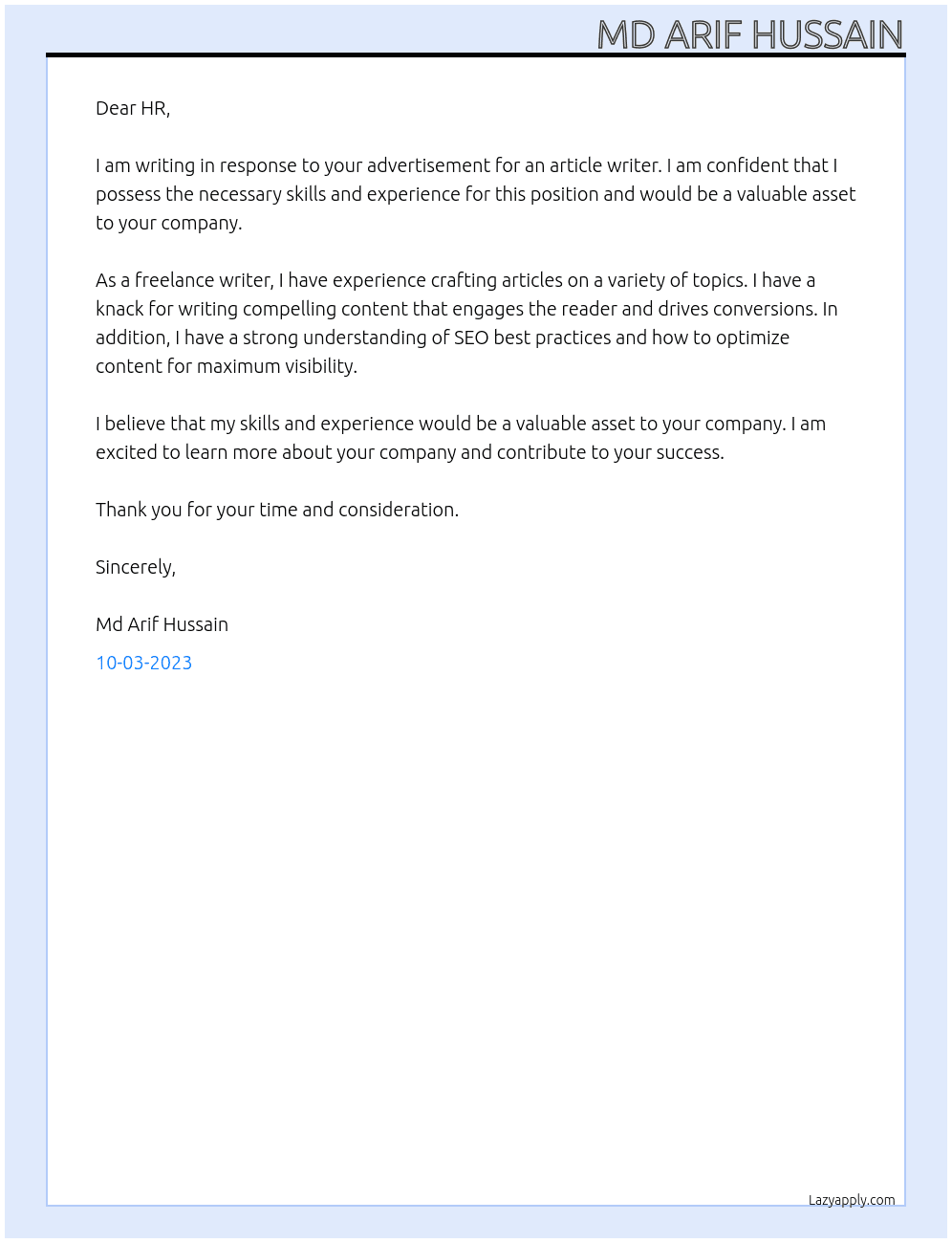article writer At writerbay Cover Letter