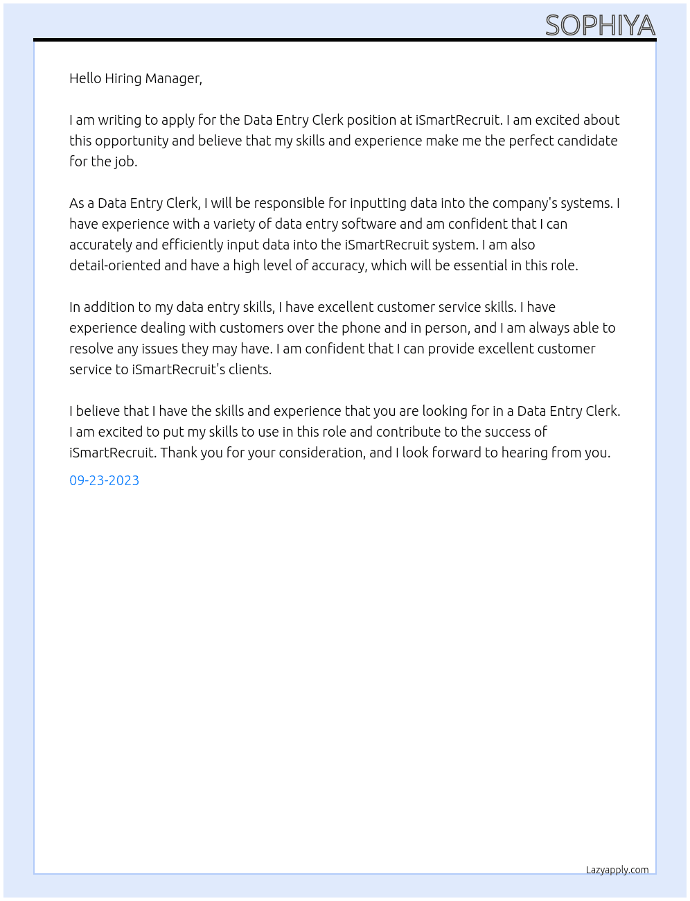 Data Entry Clerk At iSmartRecruit Cover Letter