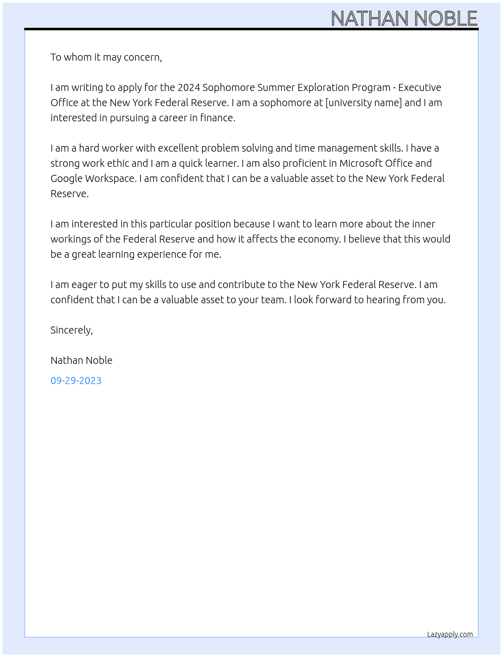 2024 Sophomore Summer Exploration Program - Executive Office At New York Federal Reserve Cover Letter