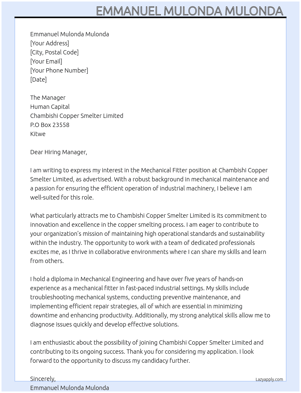 Mechanical fitter At Chambishi Copper Smolter Limited  Cover Letter