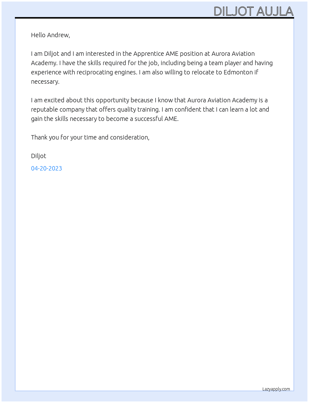 Apprentice AME At Aurora Aviation Academy Cover Letter