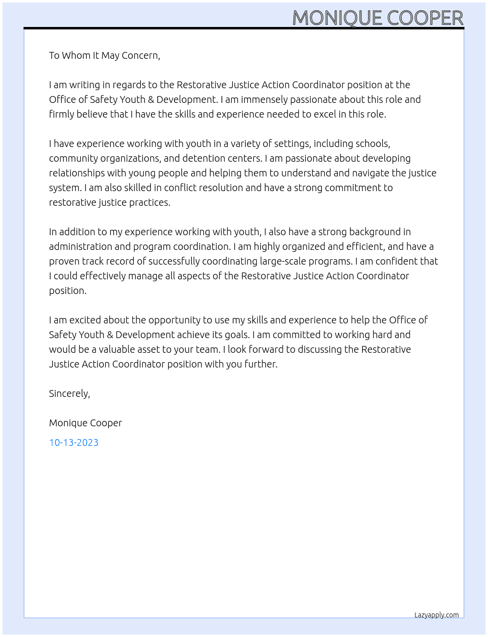 Restorative Justice Action Coordinator At Office of Safety Youth & Development Cover Letter