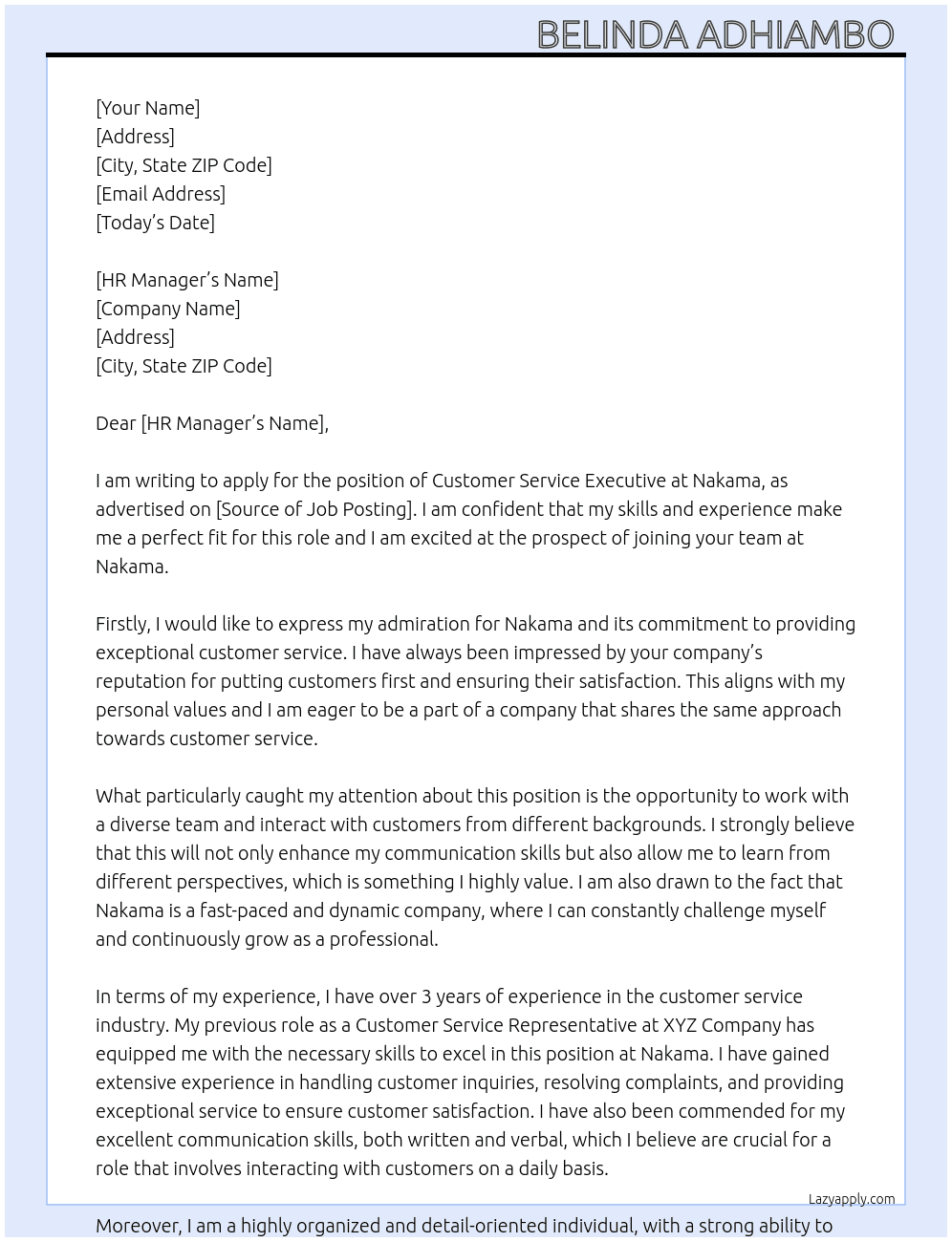 Customer service executive  At Nakama Cover Letter