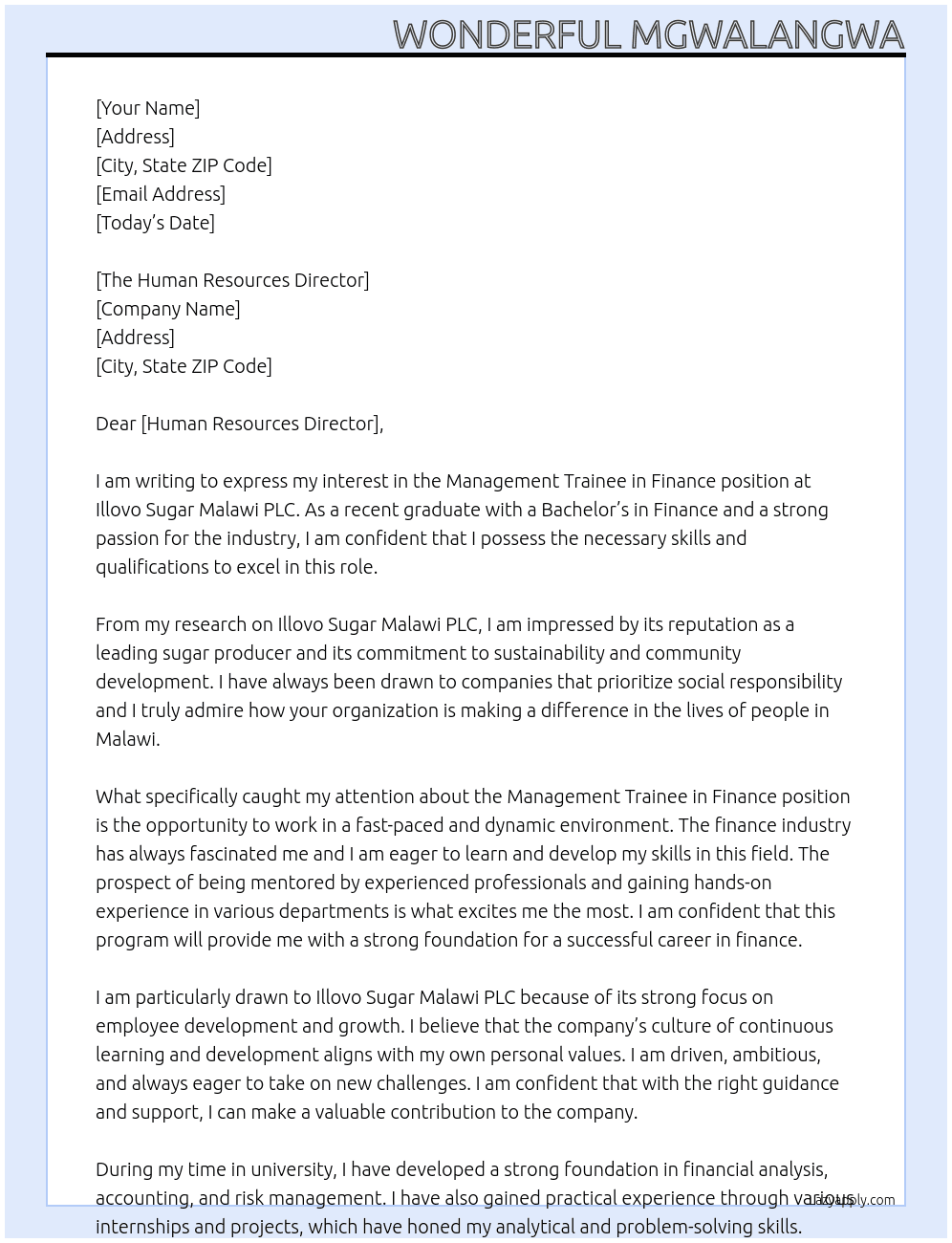 Management Trainee in finance At ILLOVO SUGAR MALAWI PLC Cover Letter