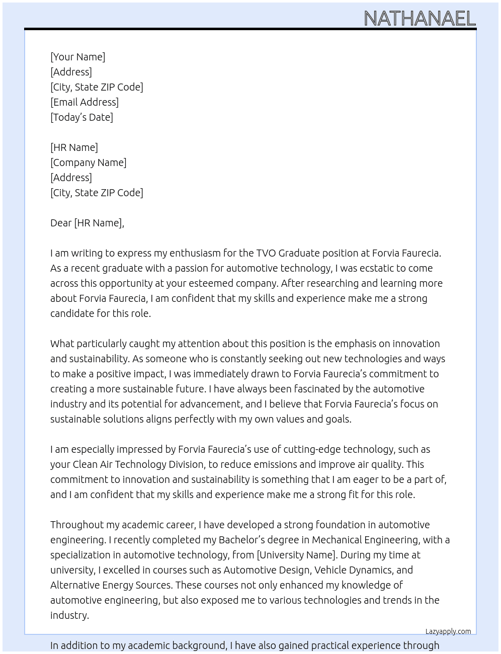 TVO Graduate  At Forvia Faurecia Cover Letter