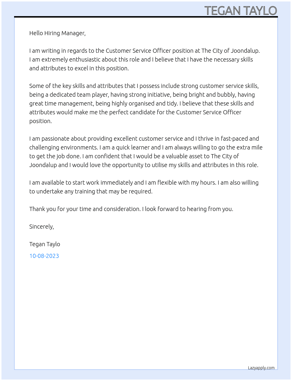 Customer Service Officer  At The City of Joondalup  Cover Letter