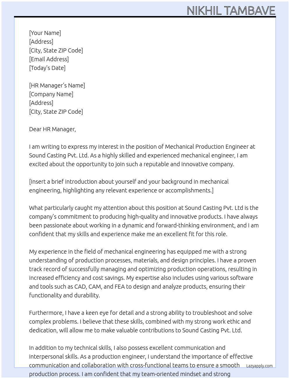 Mechanical production engineer At Sound Casting Pvt.Ltd Cover Letter