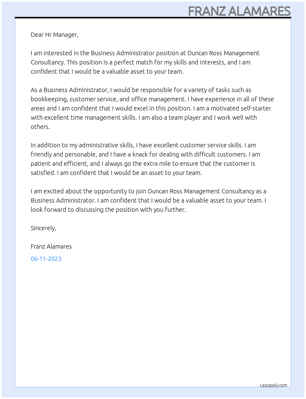 Business Administrator At Duncan Ross Management Consultancy Cover Letter