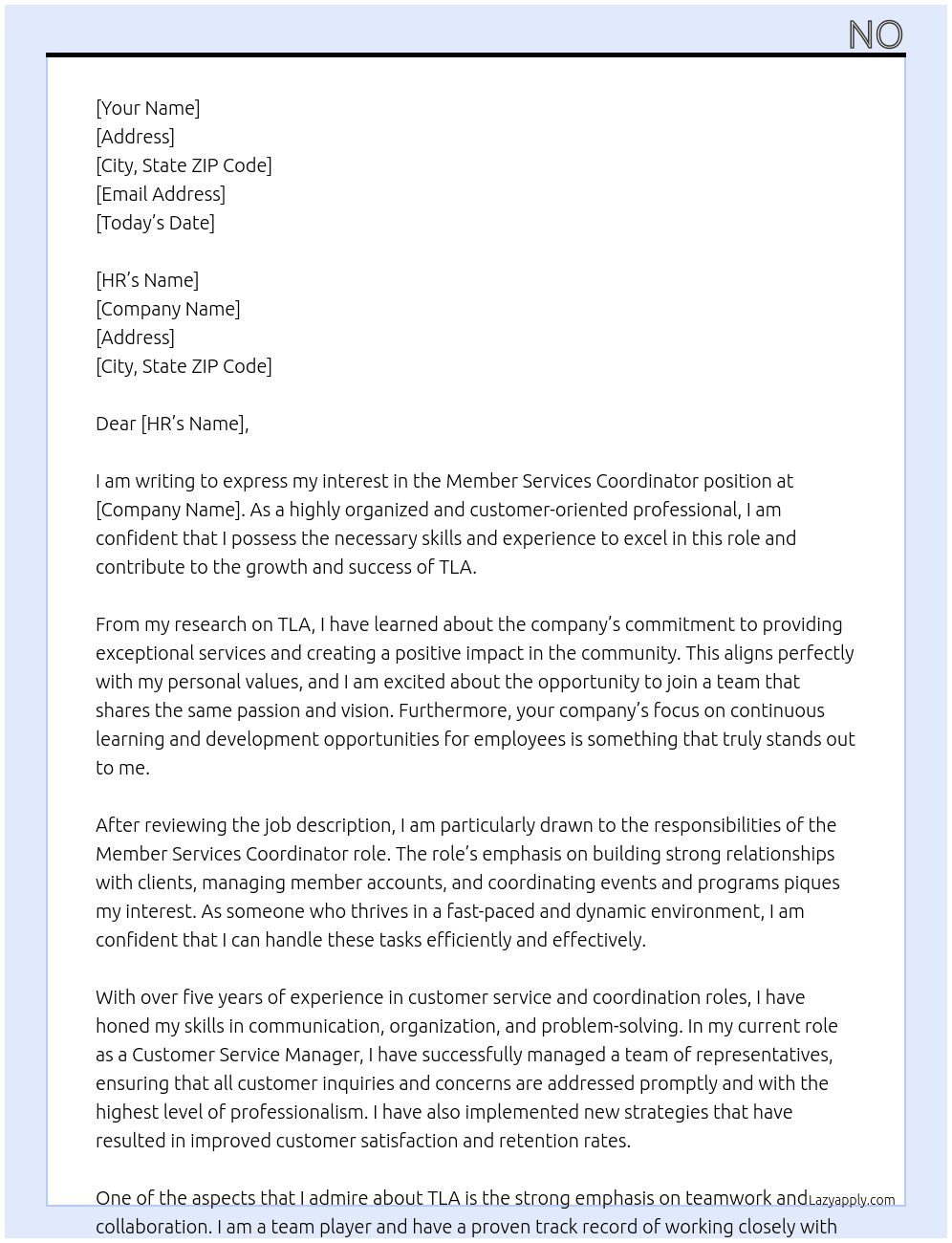 Member Services Coordinator At TLA Cover Letter