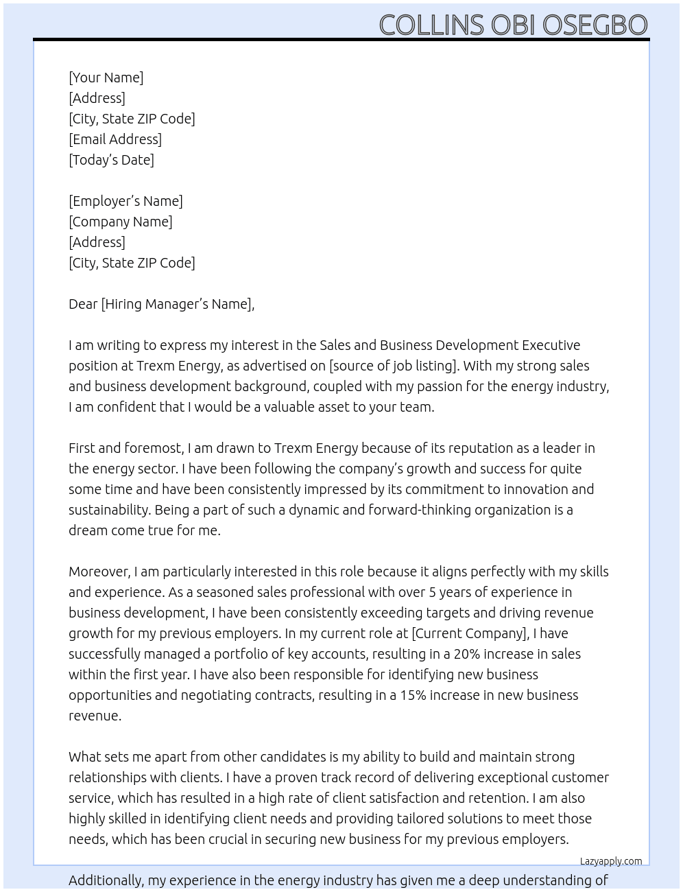 Sales and Business Development Executive At Trexm Energy Cover Letter