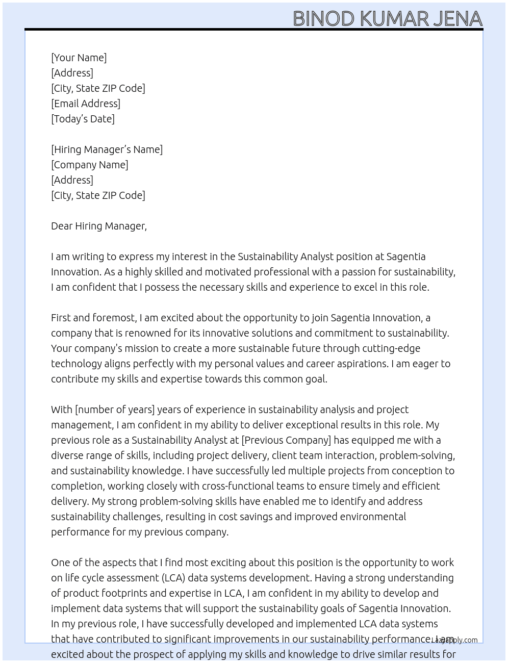 Sustainability Analyst At Sagentia Innovation Cover Letter