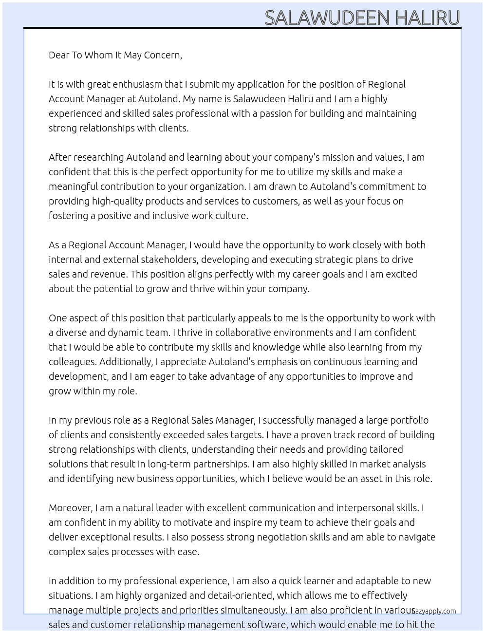 Regional Account Manager At Autoland Cover Letter