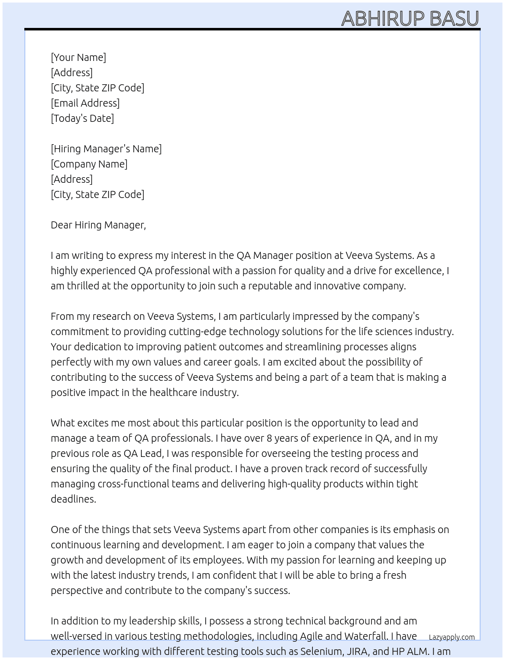 QA Manager At Veeva Systems Cover Letter