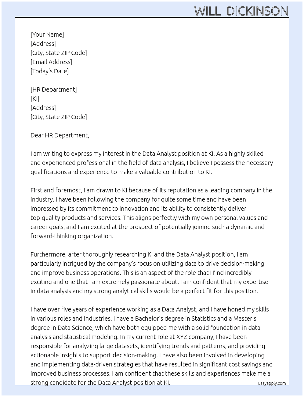 Data Analyst At KI Cover Letter