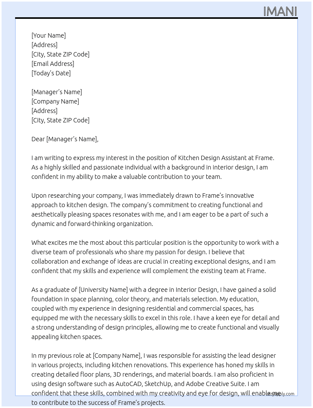 Kitchen Design Assistant At Frame Cover Letter
