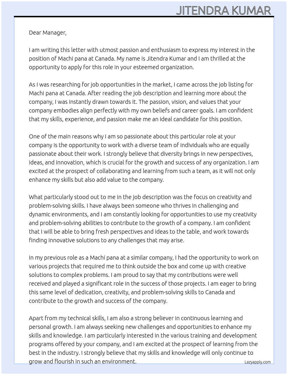 Cover letter for machi pana - LazyApply