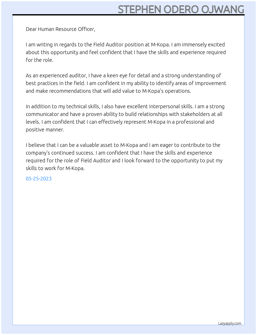 Field Auditor At M-Kopa Cover Letter