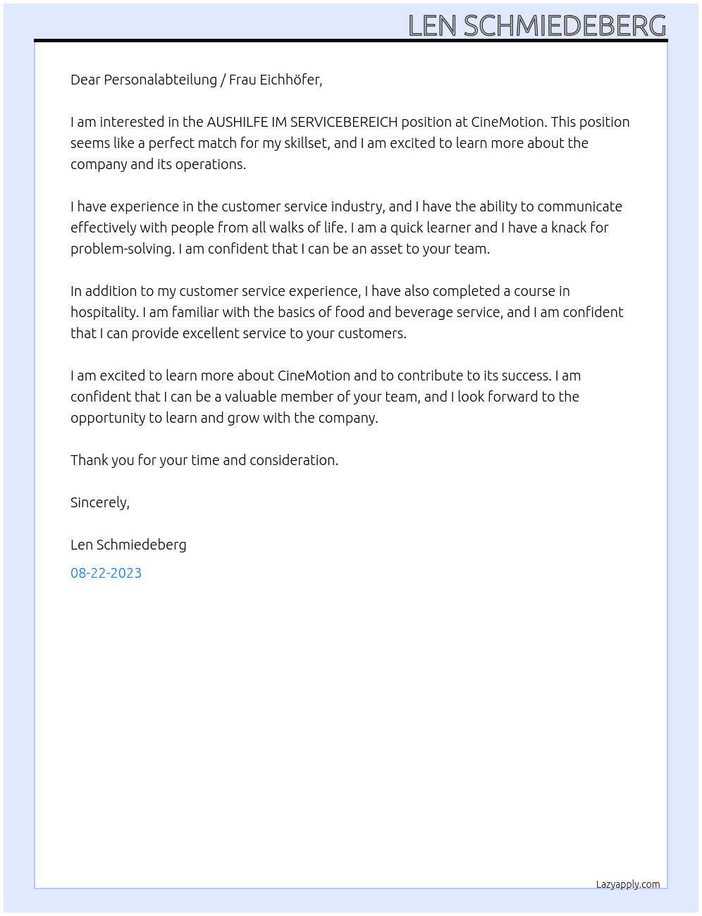 AUSHILFE IM SERVICEBEREICH At CineMotion  Cover Letter