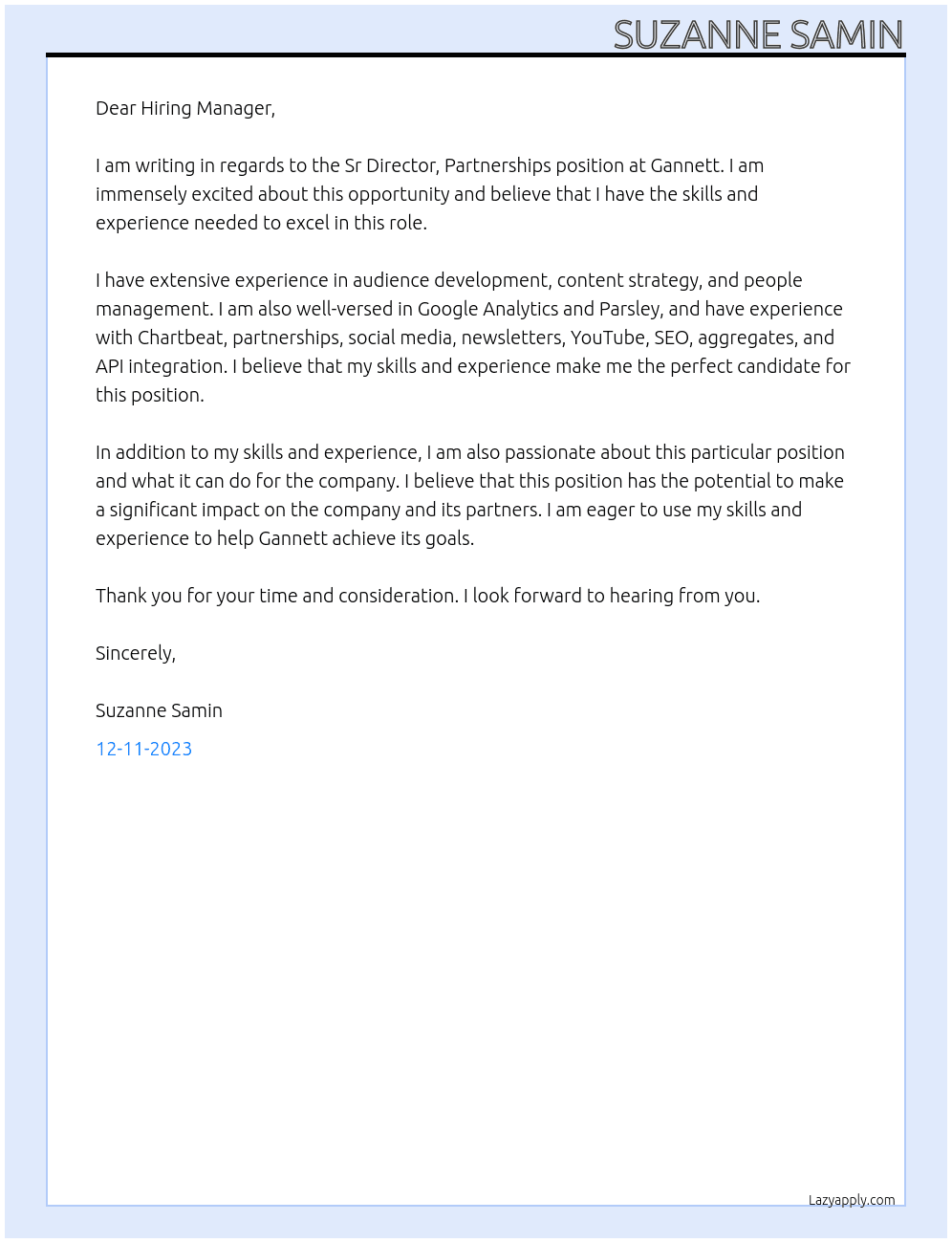 Sr Director, Partnerships At Gannett Cover Letter