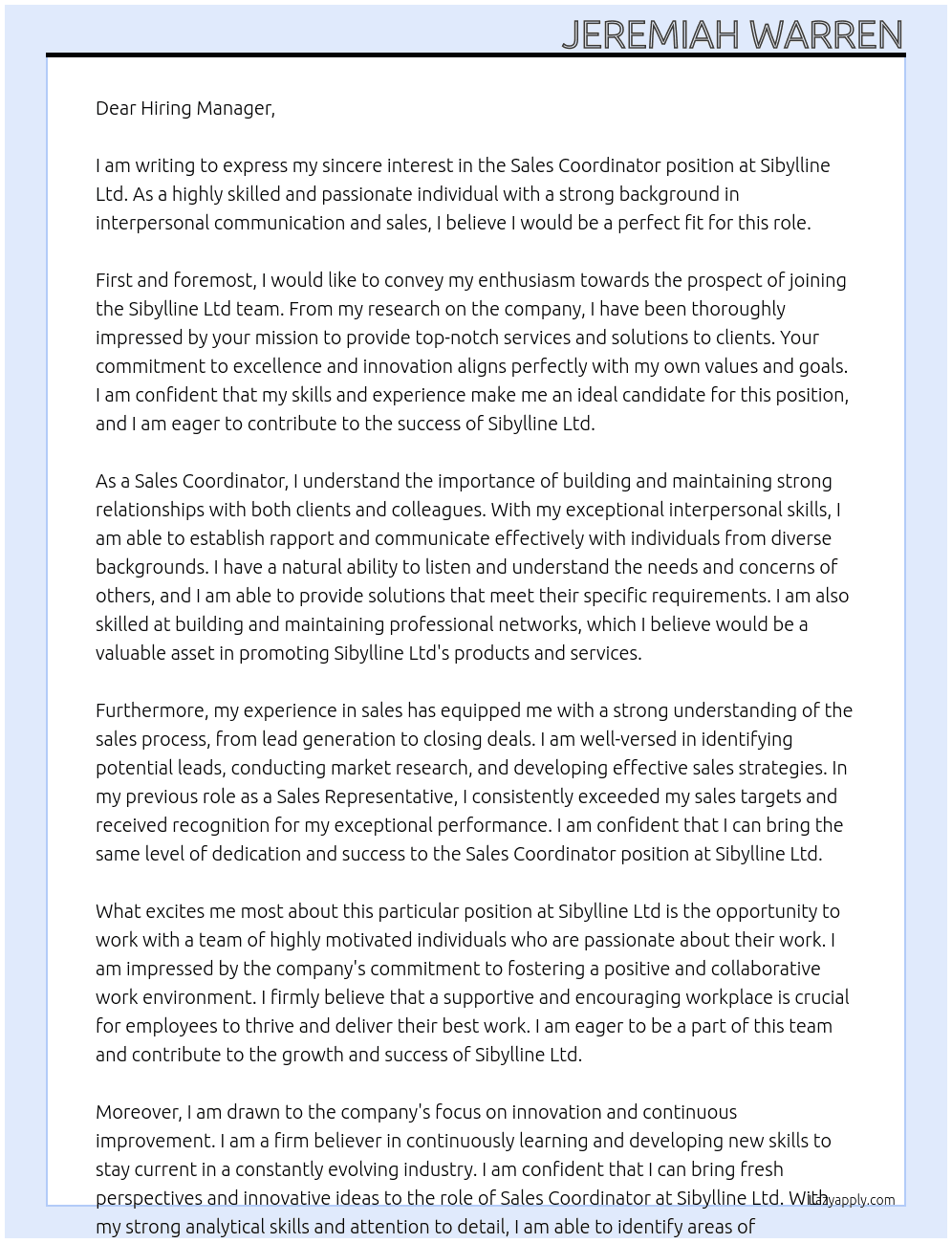 Sales Coordinator  At Sibylline Ltd Cover Letter