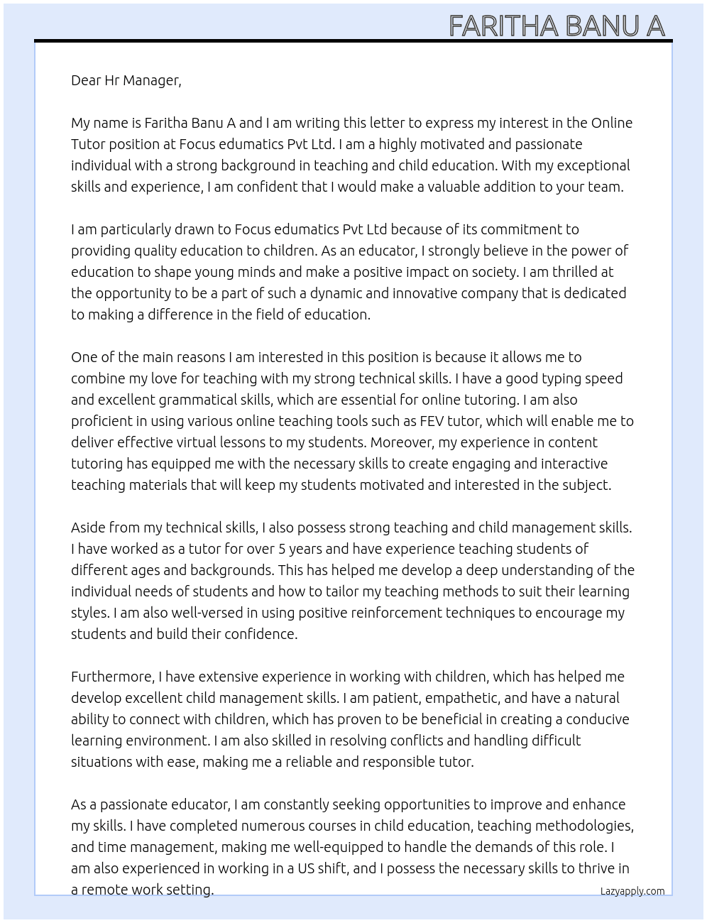 Online tutor At Focus edumatics pvt Ltd Cover Letter