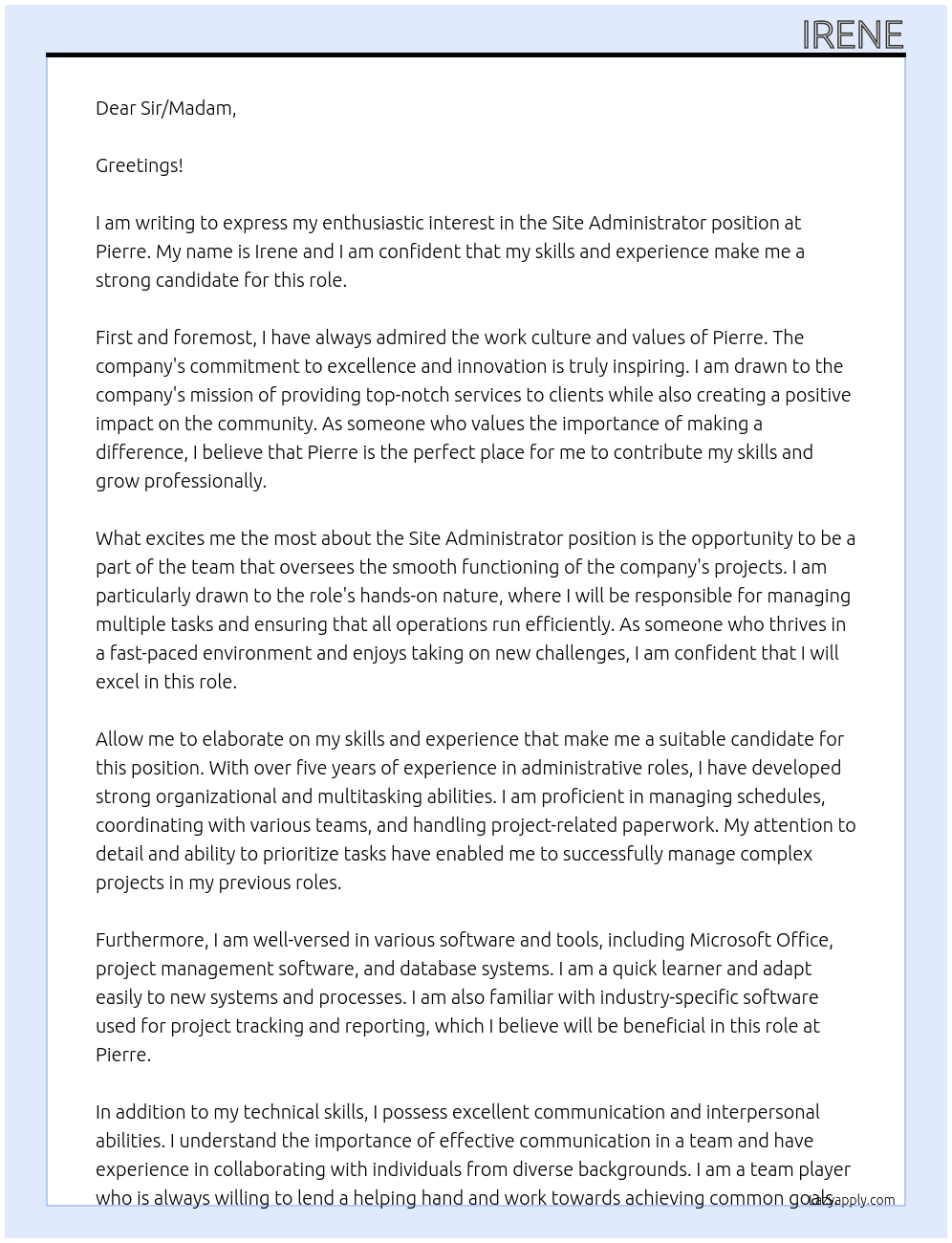 Site Administrator At Pierre Cover Letter