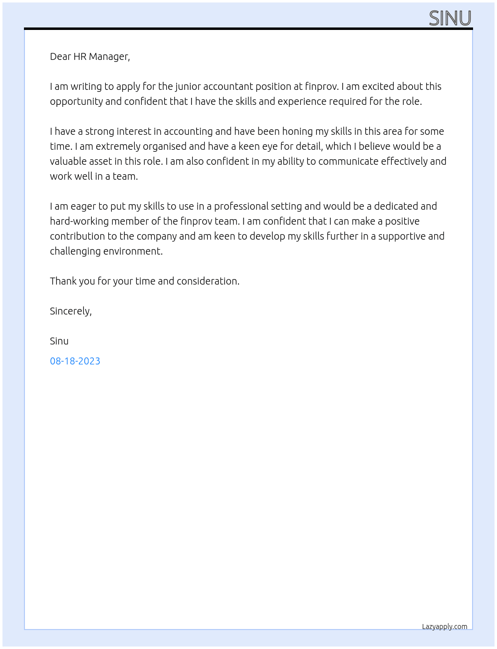 junior accountant At finprov Cover Letter
