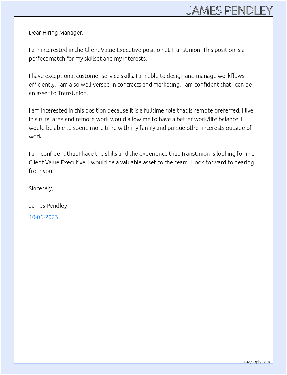 Client Value Executive At TransUnion Cover Letter