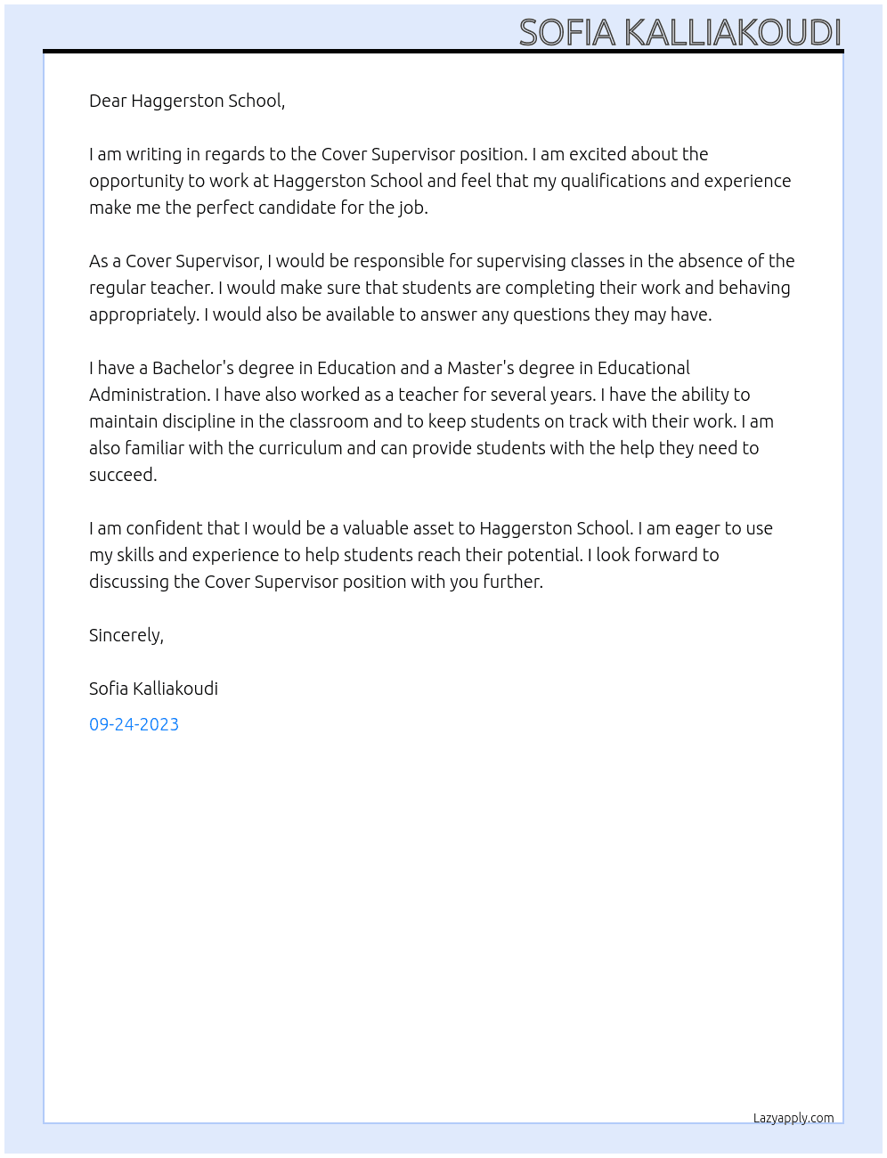Cover Supervisor At Haggerston School Cover Letter